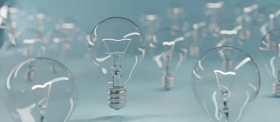 Bulbs on blue background. Selective focus. Minimal conceptual idea. 3D Render. Stock Illustration
