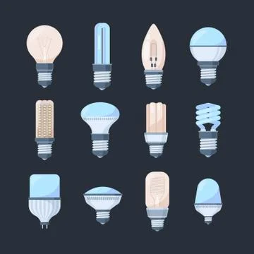 Bulbs colored light set. Retro modern lamps round and square fluorescent Stock Illustration