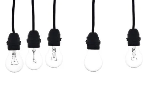 Bulbs hanging on white background Stock Photos