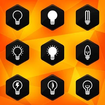Bulbs. Hexagonal icons set on abstract orange background 库存插图
