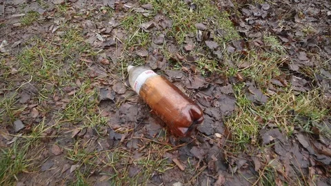 Bulbulator from a plastic bottle ejected lying on last year's leaves Stock Footage 83780777
