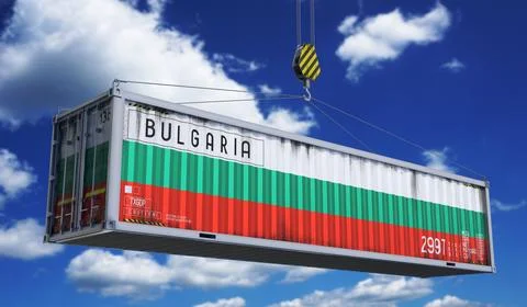 Bulgaria - cargo container hanging on crane for international trade and log.. 库存插图
