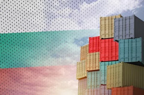 Bulgaria flag and big stack of shipping cargo containers in docks with sky イラスト素材