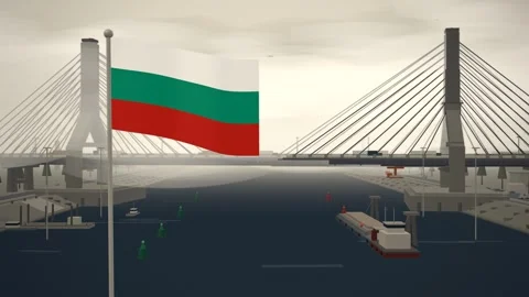 Bulgaria Flag Flying Over Cable Stayed Bridge River seamless loop Stock Footage 345378639
