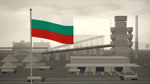 Bulgaria Flag Flying Over Cement Works Rotary Kiln seamless loop Stock Footage 345379225