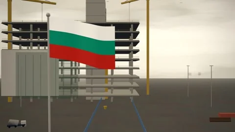 Bulgaria Flag Flying Over Construction Site Tower Cranes seamless loop Stock Footage 345379782