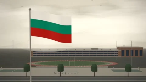 Bulgaria Flag Flying Over School Campus Running Track seamless loop Stock Footage 345378432
