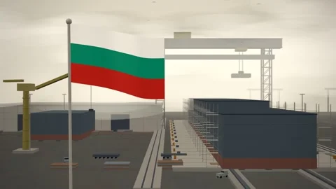 Bulgaria Flag Flying Over Shipyard Building Berth Gantry seamless loop Vídeos de archivo 345379292