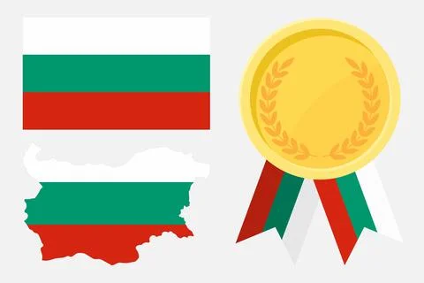 Bulgaria flag with map and gold medal in set for web and banners or app and.. Stock Illustration