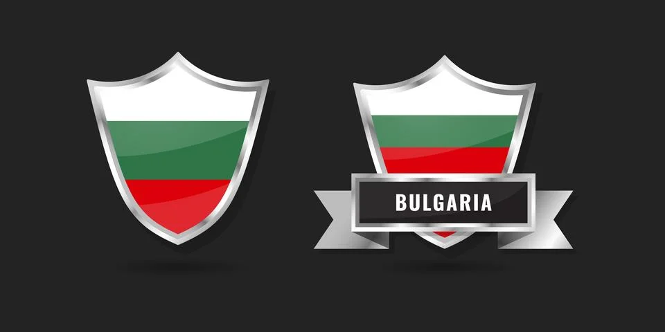 Bulgaria Flag Shield Emblem Set, Republic of Bulgaria Glossy Silver Badges .. Stock Illustration