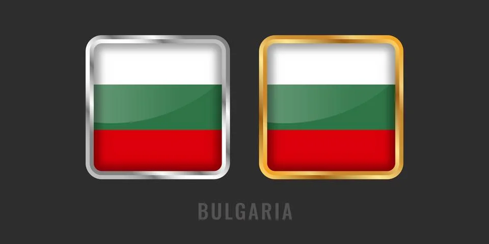Bulgaria Flag Square 3D Button Set in Gold and Silver Metallic Frames Stock Illustration