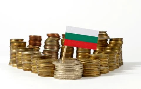 Bulgaria flag waving with stack of money coins Stock Photos