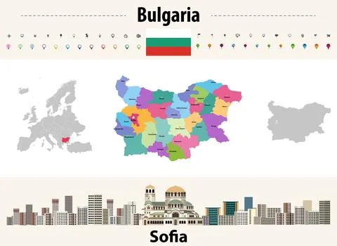 Bulgaria provinces vector map with capital cities. Sofia cityscape イラスト素材