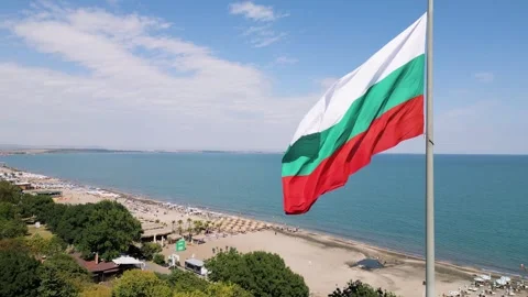 Bulgarian Flag Waving over Sandy Beach, Black Sea, and Burgas Coast, Bulgaria Stock-Footage 343429855