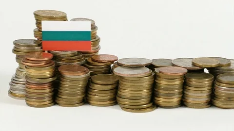 Bulgarian flag waving with stack of money coins Video stock 71841703