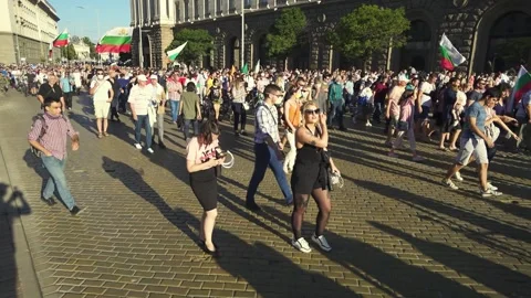 Bulgarian protest with flags on the main boulevard in Sofia Stock Footage 136577431