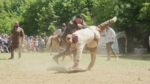 Bulgarian Warriors demonstrate ancient fighting techniques at festival Stock Footage 192881142