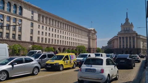 Bulgaria’s National Assembly building in Sofia under a vivid blue spring sky Video stock 316131683