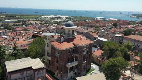 Bulgur Palas drone view, Ottoman-era mansion with dome and tower, Istanbul Stock Footage 312036331