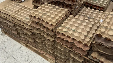 Bulk Brown Eggs Stacked in Paper Trays on Warehouse Pallet Stock Footage 337911149