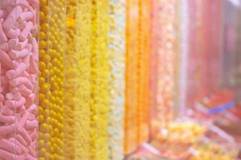 Bulk candy store display offering sweet gummy treats Stock Photos