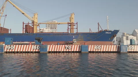 Bulk cargo ship Analiya docked at Port of Veracruz, Mexico, aerial Stock Footage 345178634
