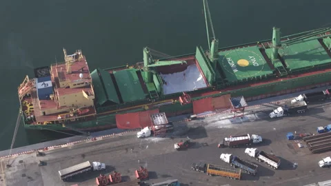 Bulk cargo ship loading beside trucks at Port of Veracruz, aerial Stock Footage 345183533