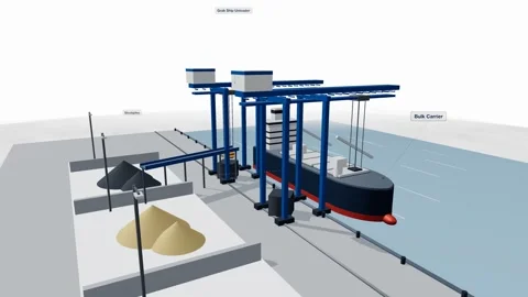 Bulk cargo terminal grab ship unloader and stockpiles 3D animation seamless Stock Footage 339880501