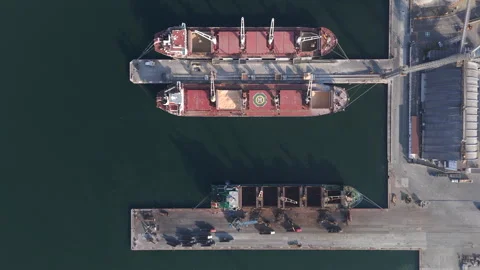 Bulk cargo vessels moored at Port of Veracruz industrial piers, aerial Stock Footage 345183472