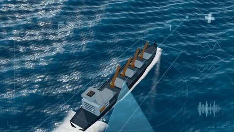 Bulk carrier aerial tracking hud target lock data overlay loop Stock Footage 343507635