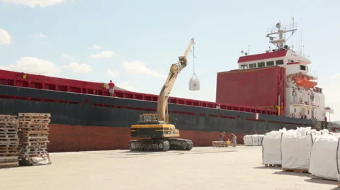 Bulk carrier is being loaded with white bags Video stock 67676472
