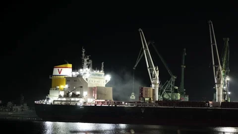 Bulk carrier cargo ship being loaded at night in a commercial port Stock Footage 341376820