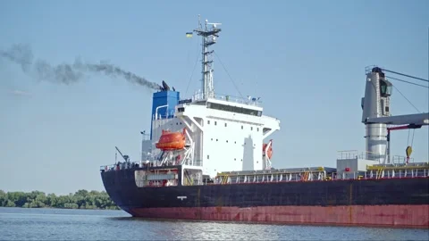 A bulk carrier is queuing at a river port. A ship on a raid. Stock Footage 246358246