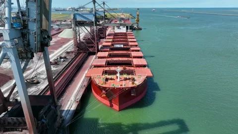 Bulk Carrier Ship Offloading Cargo By Crane for Processing Stock Footage 201307329