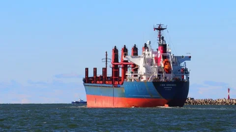 Bulk carrier ship at sea. Back view Stock Footage 221118015