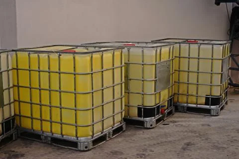Bulk container for solvent storage in the warehouse and factory Stock Photos