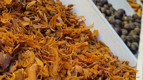 Bulk display of whole nutmeg, vibrant orange mace blades, and dark star anise po Vídeo Stock 336439258