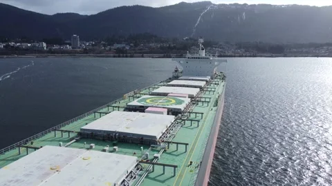 Bulk Freighter Tai Kingdom drone pan shot over cargo deck 4K footage Stock Footage 149334683