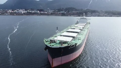 Bulk Freighter Tai Kingdom drone orbit shot of bow 4K footage Stock Footage 149334748