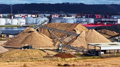 Bulk material handling system moving aggregates at industrial port of Le Havre Stock Footage 333323172