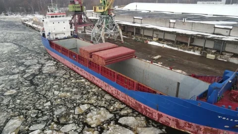 Bulker ship in winter port Stock Footage 149033886