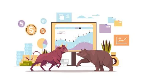 Bull and bear in attacking pose dangerous mammal animals market trend stock Illustrazione stock