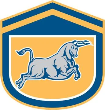 Bull attacking charging shield retro. Stock Illustration