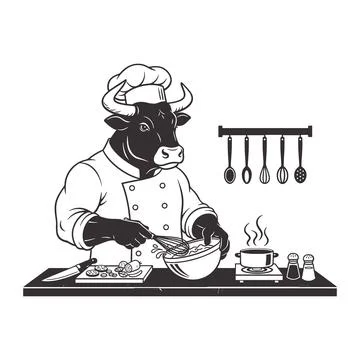Bull Chef Cooking In Kitchen Vector Illustration Illustrazione stock