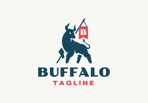 Bull with Flag Spear Vector Logo Template. Buffalo Icon Silhouette Ox with Stock Illustration