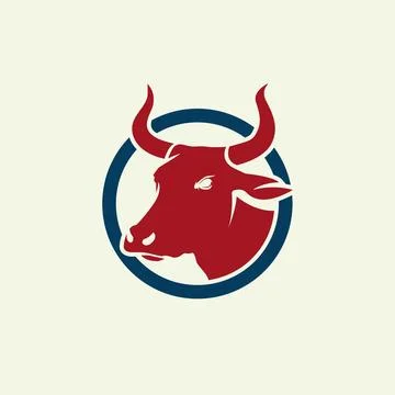 Bull logo design vector icon illustration, red bull in blue circle, cow Stock Illustration