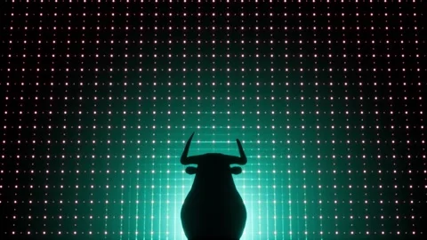 Bull loop animation with moving background with grid effect. Glowing light b Stock Footage 246680605