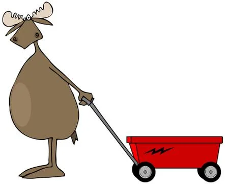 Bull moose pulling a red wagon Stock Illustration