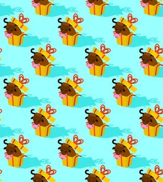 Bull out of box gift pattern seamless. Cow in gift box. New year background 스톡 일러스트