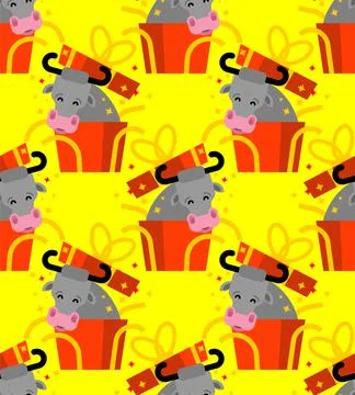 Bull out of box gift pattern seamless. Cow in gift box. New year background 스톡 일러스트